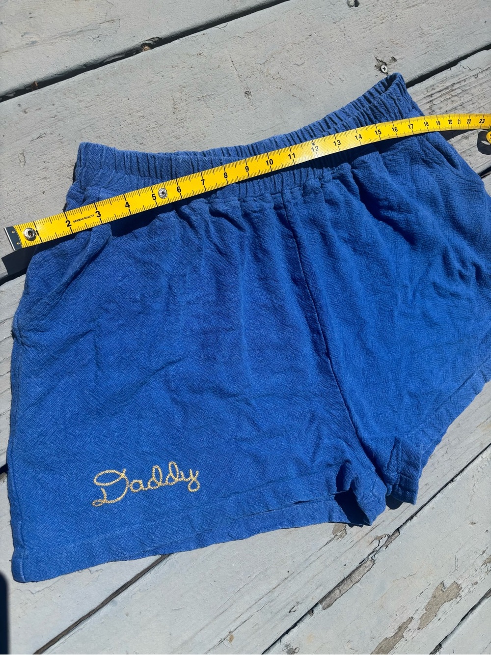 Blue unisex linen Shorts with 'Daddy' Embroidery - Picture 2 of 6